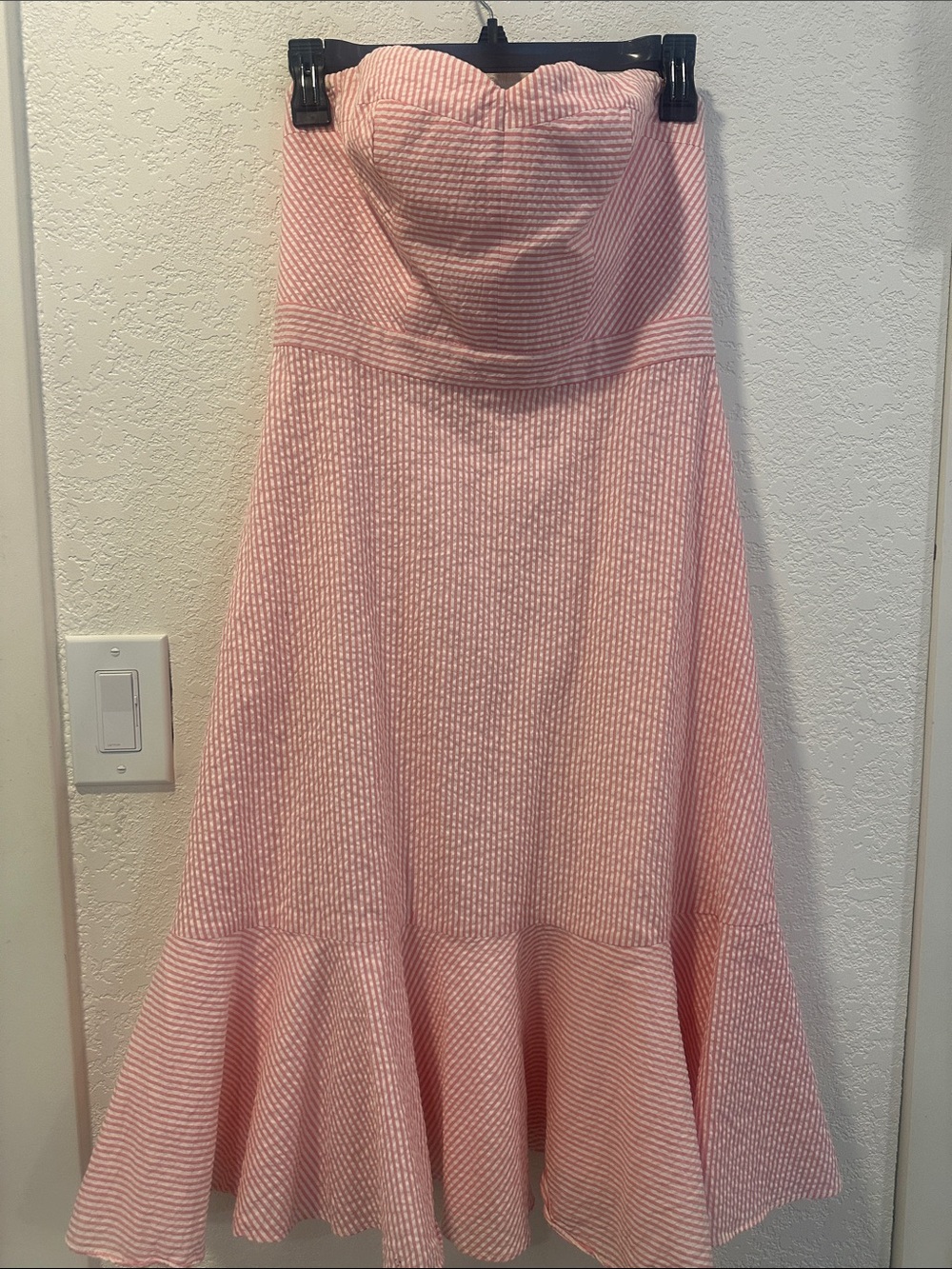 J. Crew Strapless Pink Seersucker Midi Dress with Flared Hem
